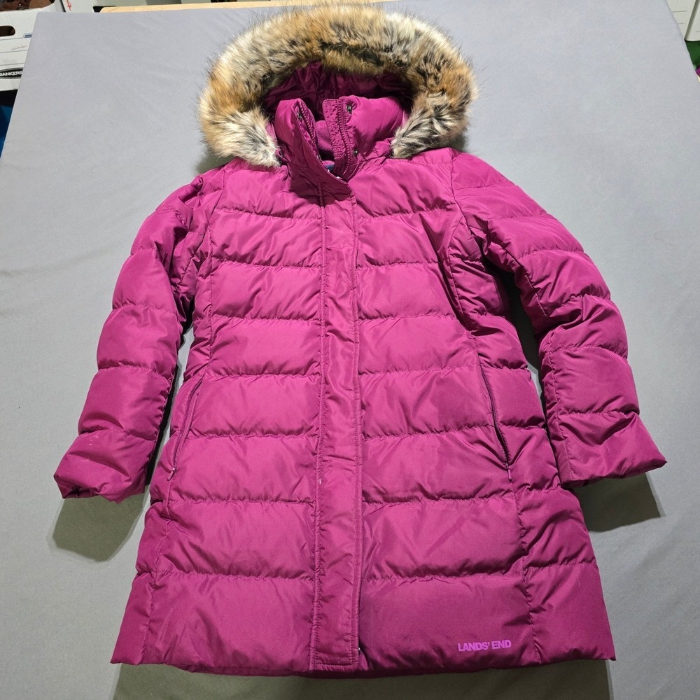 Lands' End Down Puffer Parka Women XS Magenta Berry Faux Fur Hood Coat
